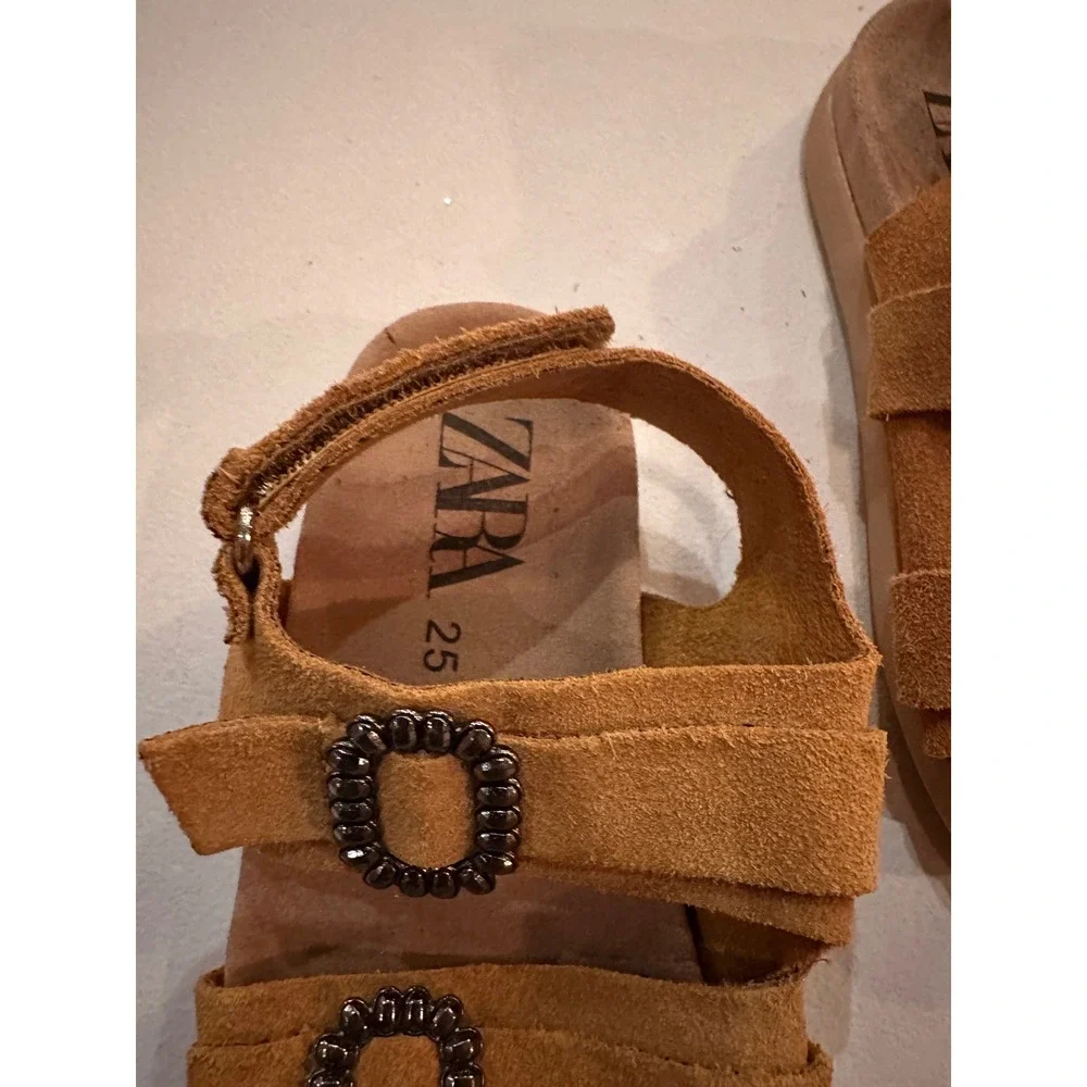 Zara Kids Tan Brown Suede Buckle Sandals Size 25 Girls Boys Casual Shoes